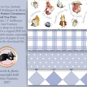 May include: A set of three digital paper patterns featuring Beatrix Potter characters and teapots. The patterns include a white background with blue and white plaid, a light blue background with white polka dots, and a light blue background with white diamonds.
