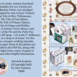 May include: A set of six miniature books featuring illustrations from Beatrix Potter's classic children's stories. The books are arranged in a dollhouse-sized display with a title card that reads "Six Lovely Story Books Written & Illustrated by Beatrix Potter".