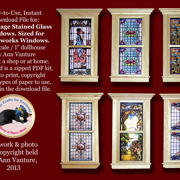 wpsg001 Vintage Stained Glass Windows for 1:12 scale