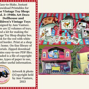 May include: A printable dollhouse and vintage toy shop kit with a red and white dotted border. The kit includes 12 volumes of toys, a display box, and easy-to-use PDF files. The image also shows a completed dollhouse and a collection of vintage toys.