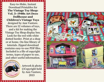 May include: A printable dollhouse and vintage toy shop kit with a red and white dotted border. The kit includes 12 volumes of toys, a display box, and easy-to-use PDF files. The image also shows a completed dollhouse and a collection of vintage toys.