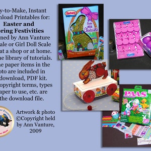 Puede incluir: Artesanías de papel imprimibles para Pascua y las festividades de primavera, que incluyen un juguete de arrastre de conejito, una caja de caramelos de malvavisco Peeps y una caja de tinte para huevos de Pascua PAAS. La imagen también incluye un gato negro con un lazo azul y el texto "Easy-to-Make, Instant Download Printables for: Easter and Spring Festivities designed by Ann Vanture 1:3 scale or Girl Doll Scale Print at a shop or at home. On-line library of tutorials. All the paper items in the photo are included in the download, PDF kit. Also copyright terms, types of paper to use, etc. are in the download file. Artwork & photo ©Copyright held by Ann Vanture, 2009".