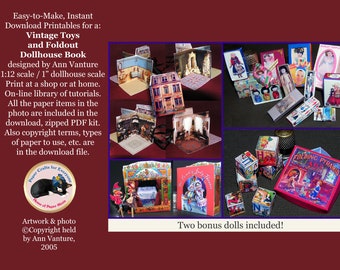 May include: A collection of printable dollhouse miniatures, including a folding pyramid alphabet toy, a dollhouse, and several dolls. The image includes the text "Easy-to-Make, Instant Download Printables for a: Vintage Toys and Foldout Dollhouse Book designed by Ann Vanture 1:12 scale / 1" dollhouse scale Print at a shop or at home. On-line library of tutorials. All the paper items in the photo are included in the download, zipped PDF kit. Also copyright terms, types of paper to use, etc. are in the download file. Paper Crafts for Everyone Home of Paper Minis Artwork & photo ©Copyright held by Ann Vanture, 2005 Two bonus dolls included!"