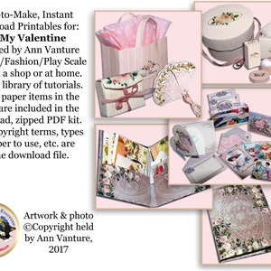 May include: A collection of printable paper crafts for Valentine's Day, including a hatbox, a fan, a purse, a book, a card, and a wedding planner. The crafts are designed in a pink and white color scheme with floral patterns. The text "Be My Valentine" is visible in the image.