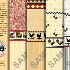 May include: A set of printable digital papers featuring a rooster theme. The papers include a variety of patterns, including a red and white floral pattern, a yellow and white checkered pattern, a white and black checkered pattern, and a gray and white striped pattern. The papers are perfect for crafting projects, scrapbooking, and more.