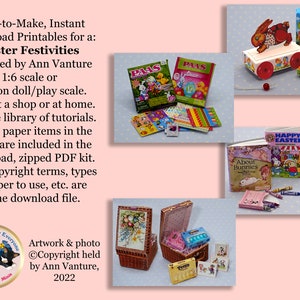 Könnte beinhalten: Eine Sammlung von Miniatur-Papierbastelarbeiten für Osterfestlichkeiten, darunter Bücher, ein Spielzeug zum Ziehen und ein Picknickkorb. Das Bild enthält den Text "Easter Festivities" und "Paper Crafts for Everyone".