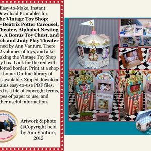 May include: A collection of printable papercraft toys featuring Beatrix Potter characters. The set includes a carousel, play theatre, alphabet blocks, a toy chest, and a punch and judy play theatre. The image shows the finished papercraft models.