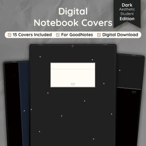 Puede incluir: Cubiertas de cuadernos digitales con una estética oscura. La imagen muestra una tableta negra con una etiqueta color crema y el texto "HARU". También se ve el texto "Digital Notebook Covers", "15 Covers Included", "For GoodNotes" y "Digital Download".