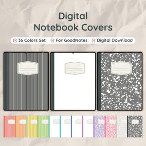 May include: Digital notebook covers with various designs. The image shows three digital notebook covers: one with gray vertical stripes, one white, and one with a gray speckled pattern. Below are examples of the 36 color sets available.