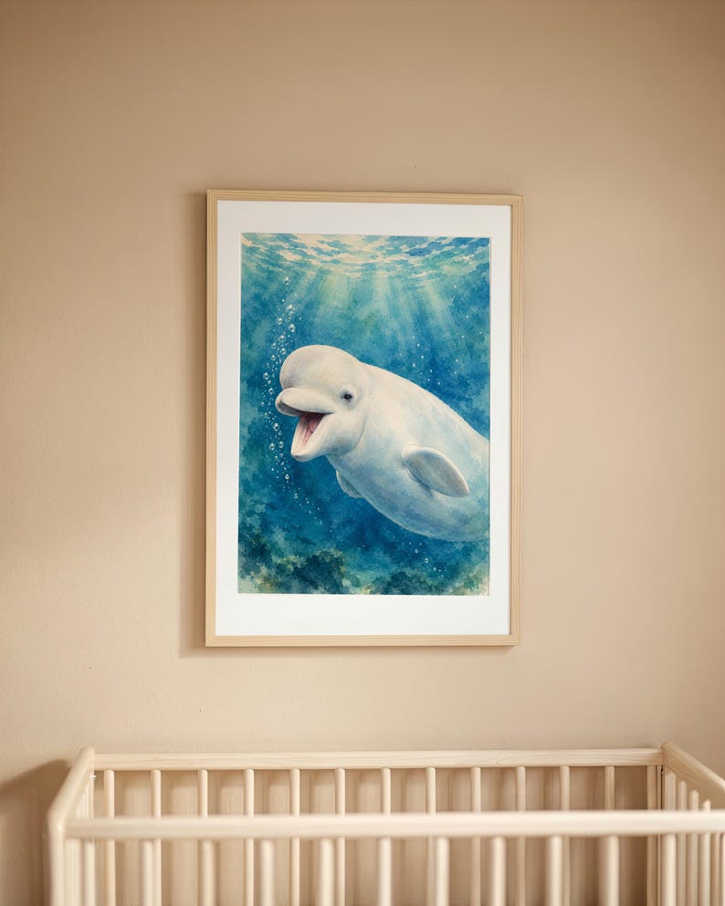 Beluga Whale Wall Art, Watercolor Ocean Print, Nursery Wall Decor ...