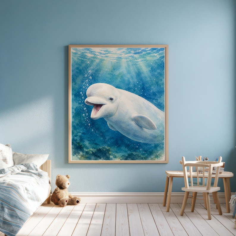 Beluga Whale Wall Art, Watercolor Ocean Print, Nursery Wall Decor ...