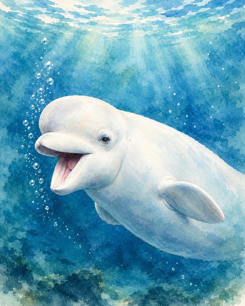 Beluga Whale Wall Art, Watercolor Ocean Print, Nursery Wall Decor ...