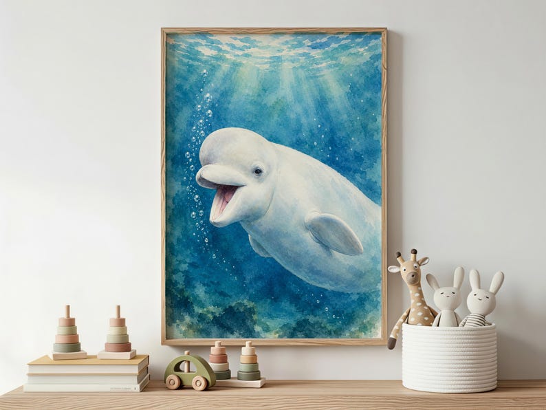 Beluga Whale Wall Art, Watercolor Ocean Print, Nursery Wall Decor ...