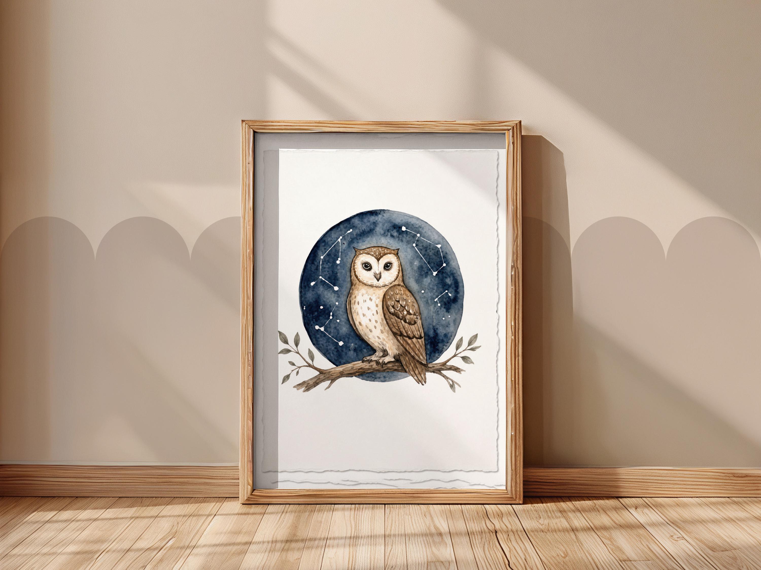 Owl Wall Art, Constellation Nursery Decor, Watercolor Barn Owl Print, Celestial Kids Room Art, Boho