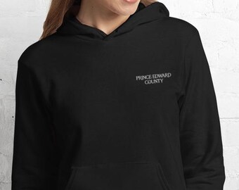 Prince Edward County — Unisex Hoodie – Embroidered Front, Printed Back – Cozy Canadian Cottagewear