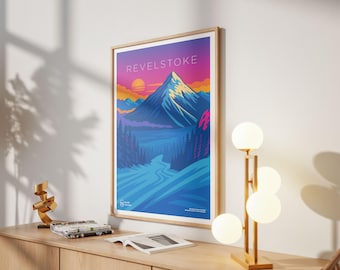 Revelstoke Travel Poster – Retro Canadian West, Neon Mountain Art
