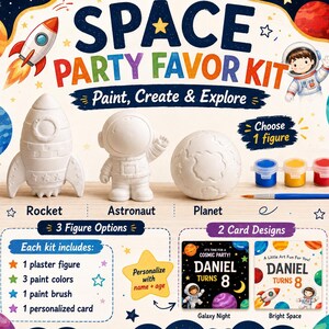 May include: A space party favor kit featuring three white plaster figures: a rocket, an astronaut, and a planet. The kit includes three small paint pots in blue, yellow, and red, a paintbrush, and two personalized card design options.