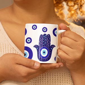 Evil Eye Coffee Mug: Nazar, Hamsa, Bohemian Ceramic Cup