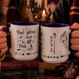 May include: Two white ceramic mugs with purple interiors and handles. The left mug features black text reading Your phrase or text in HP font here with small icons. The right mug displays Your spell here and HP icons with a letter graphic.