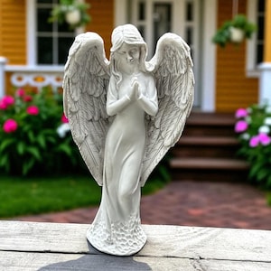Praying Angel Statue for Garden Decor, White Resin Angel Figurine with Wings, Outdoor Memorial Angel Sculpture, Spiritual Yard Ornament