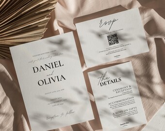 Set of 3 Editable Wedding Invitation Template Bundle, Wedding Invitation Suite with QR Code, Minimal Elegant Wedding, Modern Wedding Bundle