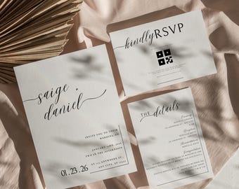 3er-Set bearbeitbares minimalistisches Hochzeitseinladungsvorlagenpaket, moderne Einladungsreihe, Antwortkarte, elegante druckbare Details, sofortiger Download