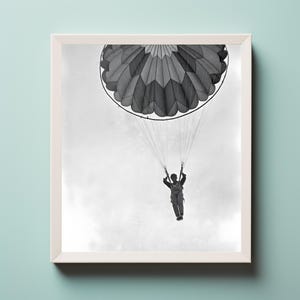 May include: Black and white framed print of a person skydiving. The parachute is large and patterned with shades of gray. The person is suspended below the parachute, with the sky as the background.
