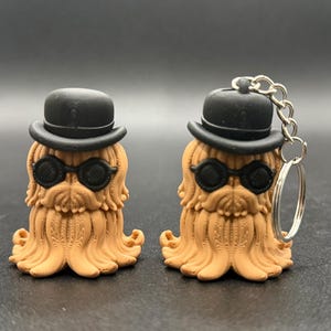 May include: Two tan-colored, cartoon-like figures with black bowler hats and sunglasses. One figure has a keychain attached. The figures have a shaggy appearance and are set against a dark background.
