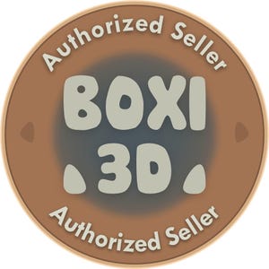 May include: A circular brown and gray graphic with the words "Authorized Seller" in white around the edge. The center features the text "BOXI 3D" in a bold, light gray font. The design includes small, light gray shapes.