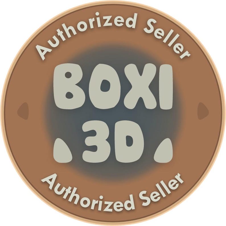 May include: A circular brown and gray graphic with the words "Authorized Seller" in white around the edge. The center features the text "BOXI 3D" in a bold, light gray font. The design includes small, light gray shapes.