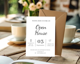 Modern minimalistische housewarmingsuitnodiging: bewerkbare canvassjabloon (5 x 7 afdrukbare of digitale Evite)