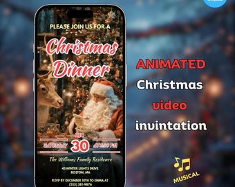 Geanimeerde kerstdineruitnodiging - kerstman en rendiercanvasjabloon (digitale download)