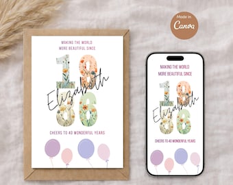 Gepersonaliseerde 40e verjaardag digitale e-kaart voor haar, aangepaste afdrukbare en mobiele kaart 1986, bewerkbaar canvascadeau