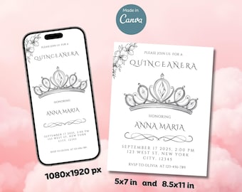 Minimalistische canvassjabloon voor quinceañera-uitnodiging: bewerkbare digitale kaart (5 x 7, 8,5 x 11 en mobiel)
