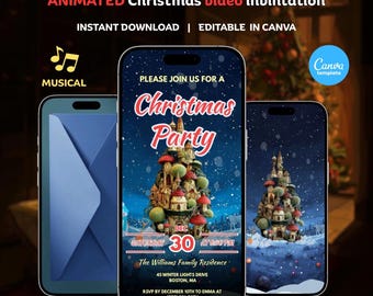 Geanimeerde video-uitnodiging kerstfeest: bewerkbare canva-sjabloon (digitale download)