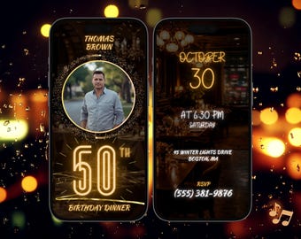 Geanimeerde video-uitnodiging 50e verjaardag, bewerkbare canva-sjabloon, moderne minimale Evite, digitale download, volwassen verjaardagsuitnodiging