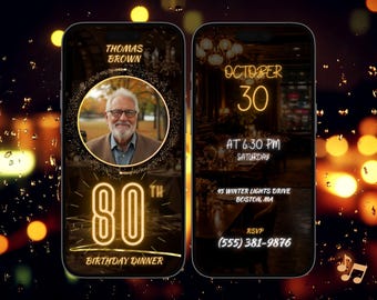 Geanimeerde video-uitnodiging 80e verjaardag, bewerkbare canva-sjabloon, moderne minimale Evite, digitale download, volwassen verjaardagsuitnodiging