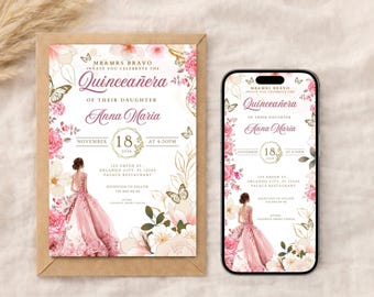 Quinceañera-uitnodigingssjabloon bewerkbaar | Floral Sweet 15 nodigt canvas uit | Digitale uitnodiging kweepeerfeest | Quinceanera-uitnodiging voor e-card