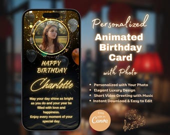 Gepersonaliseerde geanimeerde verjaardagsvideokaart met foto | Bewerkbare canvassjabloon | Digitale e-cardbegroeting