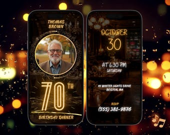 Geanimeerde video-uitnodiging 70e verjaardag, bewerkbare canva-sjabloon, moderne minimale Evite, digitale download, volwassen verjaardagsuitnodiging
