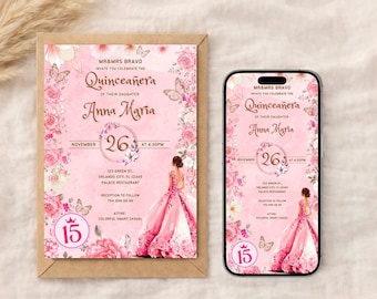 Quinceañera-uitnodigingssjabloon bewerkbaar | Roze bloemen Sweet 15 nodigt canvas uit | Digitale uitnodiging kweepeerfeest | Gouden Quinceañera-ecard
