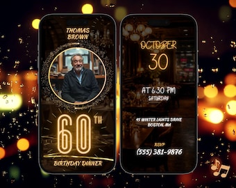 Geanimeerde video-uitnodiging 60e verjaardag, bewerkbare canva-sjabloon, moderne minimale Evite, digitale download, volwassen verjaardagsuitnodiging