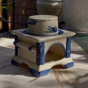 Vintage 1980s Folk Art Ceramic Mini Stove Wax Melt Warmer Essential Oil Diffuser  Blue & Cream 3-Piece Set