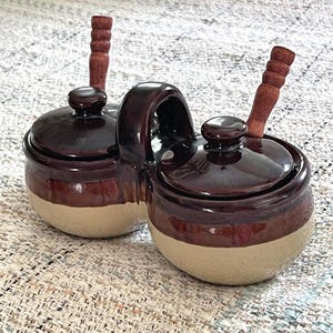 Vintage 1970s Stoneware Double Condiment Server with Lids & Wood Handled Spoons Two-Tone Brown Tan Glazed Ceramic Relish Pot Jam Jelly Jar