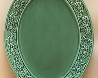 Bordallo Pinheiro Green Holly Oval Serving Platter | Vintage Portugal Christmas Ceramic Platter | Embossed Holiday Serveware