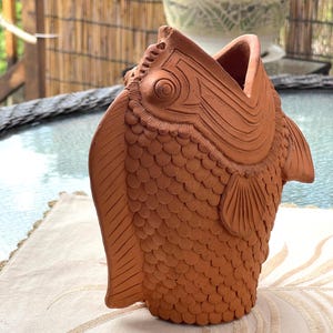 Vintage Terracotta Koi Fish Vase Mid Century Clay Fish Planter Rustic Redware Folk Art Open Mouth Fish Sculpture Earthy Boho Garden Decor