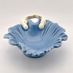 Vintage 1940s Falcon Ware Pastel Blue Leaf Bowl  Ceramic Candy Teinket Dish with White Twig Handle Art Pottery Made in England Shape 1748