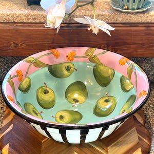 Oversized Droll Designs Ceramic Bowl Apple Marigold Deep Salad Basin Centerpiece 13.75" Hand-Painted Studio Art Pottery Whimsical Kitchen