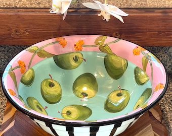 Oversized Droll Designs Ceramic Bowl Apple Marigold Deep Salad Basin Centerpiece 13.75" Hand-Painted Studio Art Pottery Whimsical Kitchen