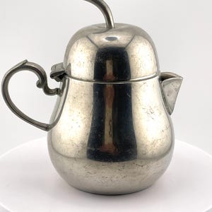 Vintage Queens Art Pewter Pitcher, Mid Century Modern Danish Style Teapot Brooklyn NY Made USA, Apple Shape Coffee Pot MCM Hollowware 1950